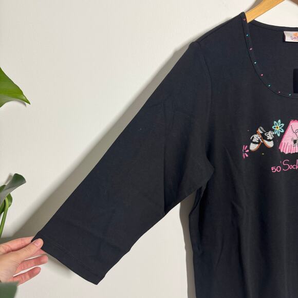 Quacker Factory Top Women L Black 50's Sock Hop 1/2 Sleeve 100% Cotton Novelty - Picture 4 of 7